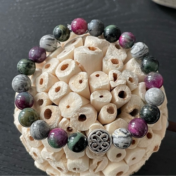 Natural 8mm Stone Bracelet 7 Inch - Jasper & Tourmaline - Picture 1 of 11